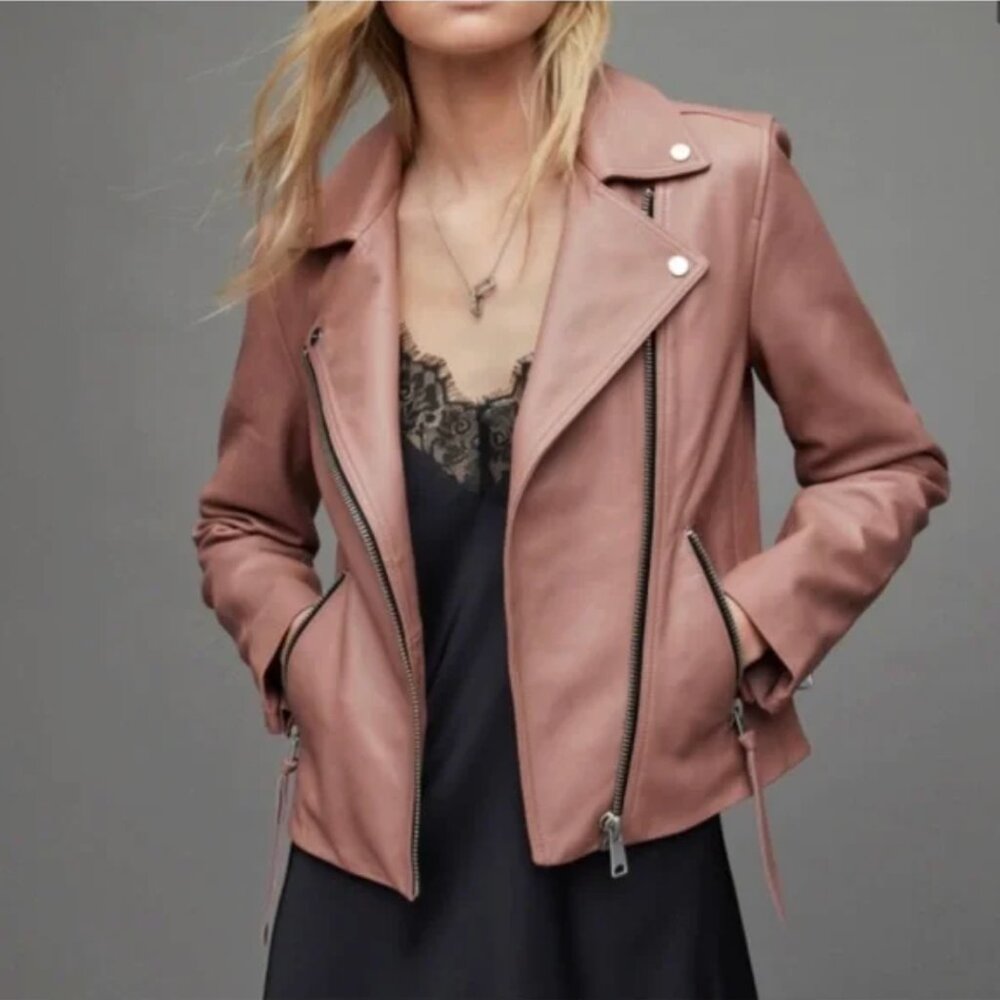 ALLSAINTS Dalby Leather Biker Jacket Dusty Rose/Dark Pink US 8